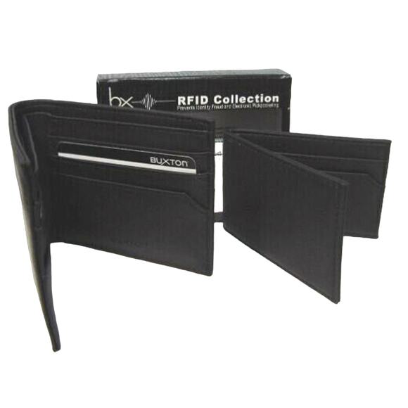 NEW Mens RFID Block BIFOLD WALLET + Removable PASSCASE Buxton Black Faux Leather - Picture 9 of 11